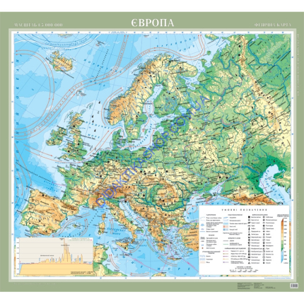 Карта Європа. Фізична на картоні ламінована м-б 1:5 000 000 (108х117 см)